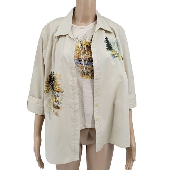 Las Olas Vintage Button Down Shirt Blouse Tank Matching Set Winter Barn Scene - Picture 1 of 12